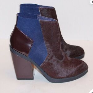 ALDO Leather Calf Hair With Blue Elastic Panels Slip On Block Booties, 8.5
